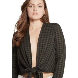 Guess USA black green masika plaid tie front top size M